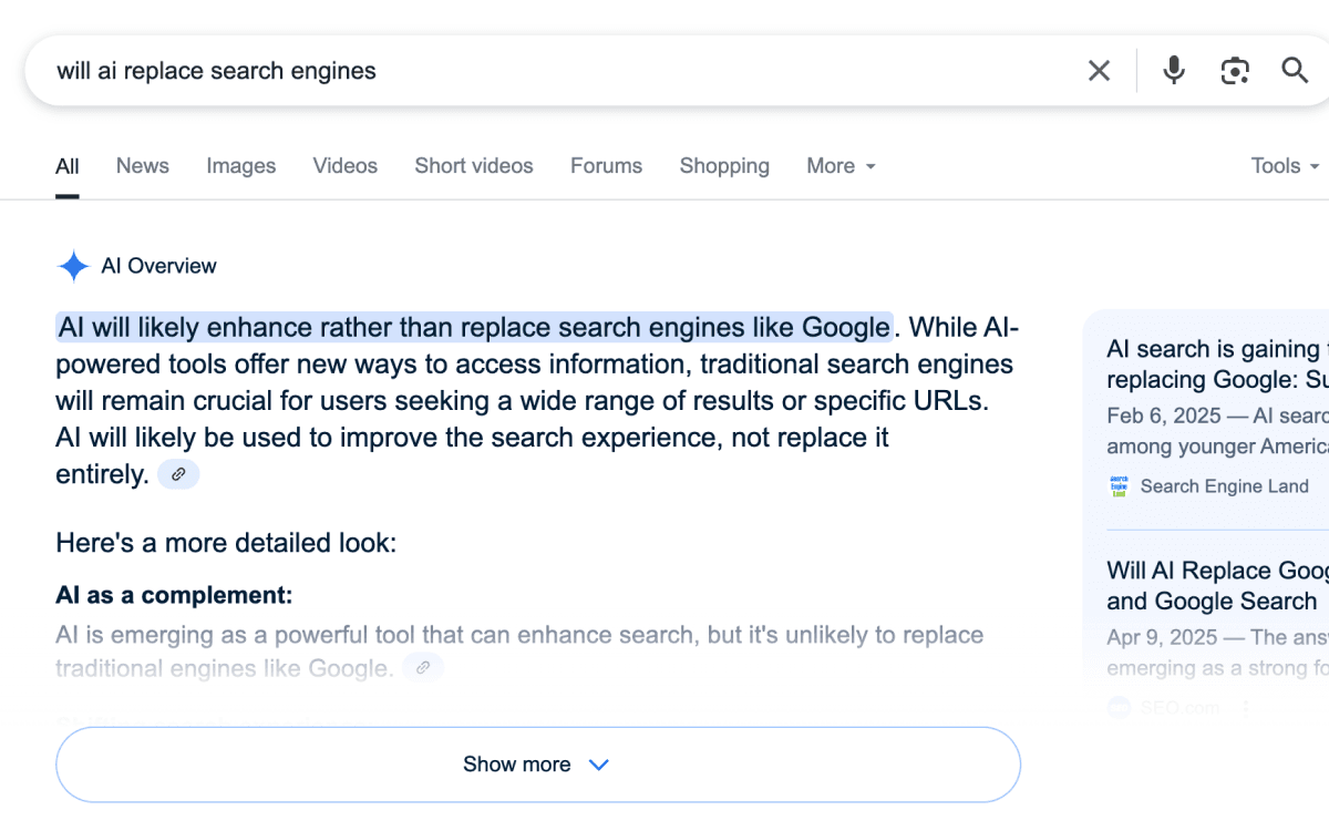 Google 검색도 이제는 AI로 도출한 결과를 가장 먼저 보여주고 있습니다.