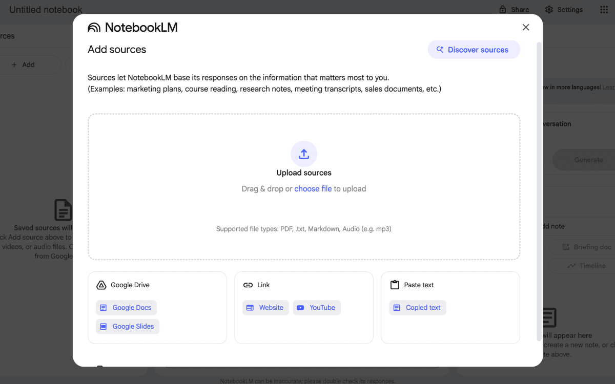 Notebook LM을 켜면 가장 먼저 보이는 Source 업로드창